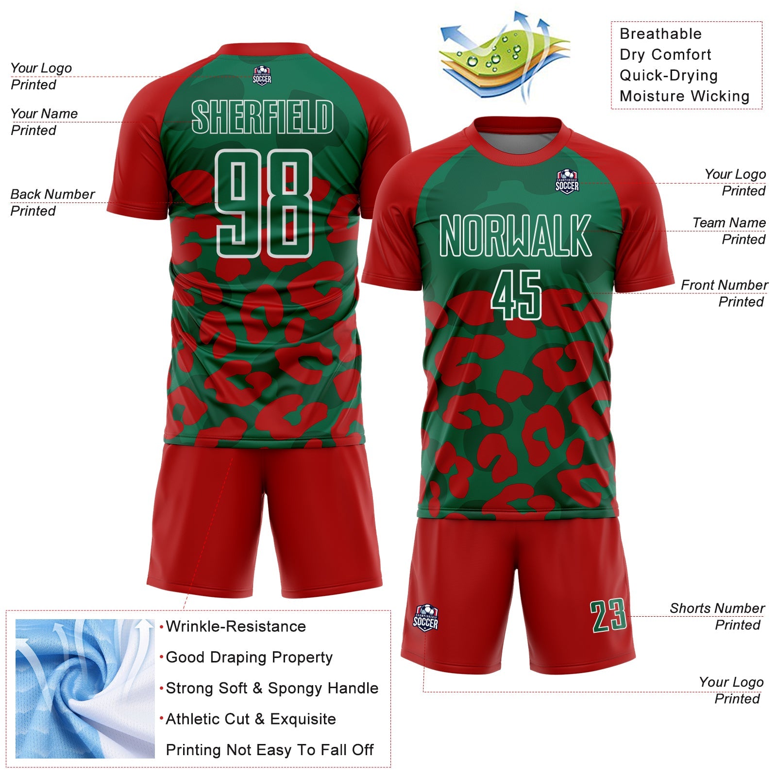 Custom Red Kelly Green-White Animal Leopard Print Sports Sublimation Soccer Uniform Jersey view 4