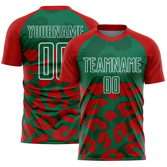 Custom Red Kelly Green-White Animal Leopard Print Sports Sublimation Soccer Uniform Jersey - Main View