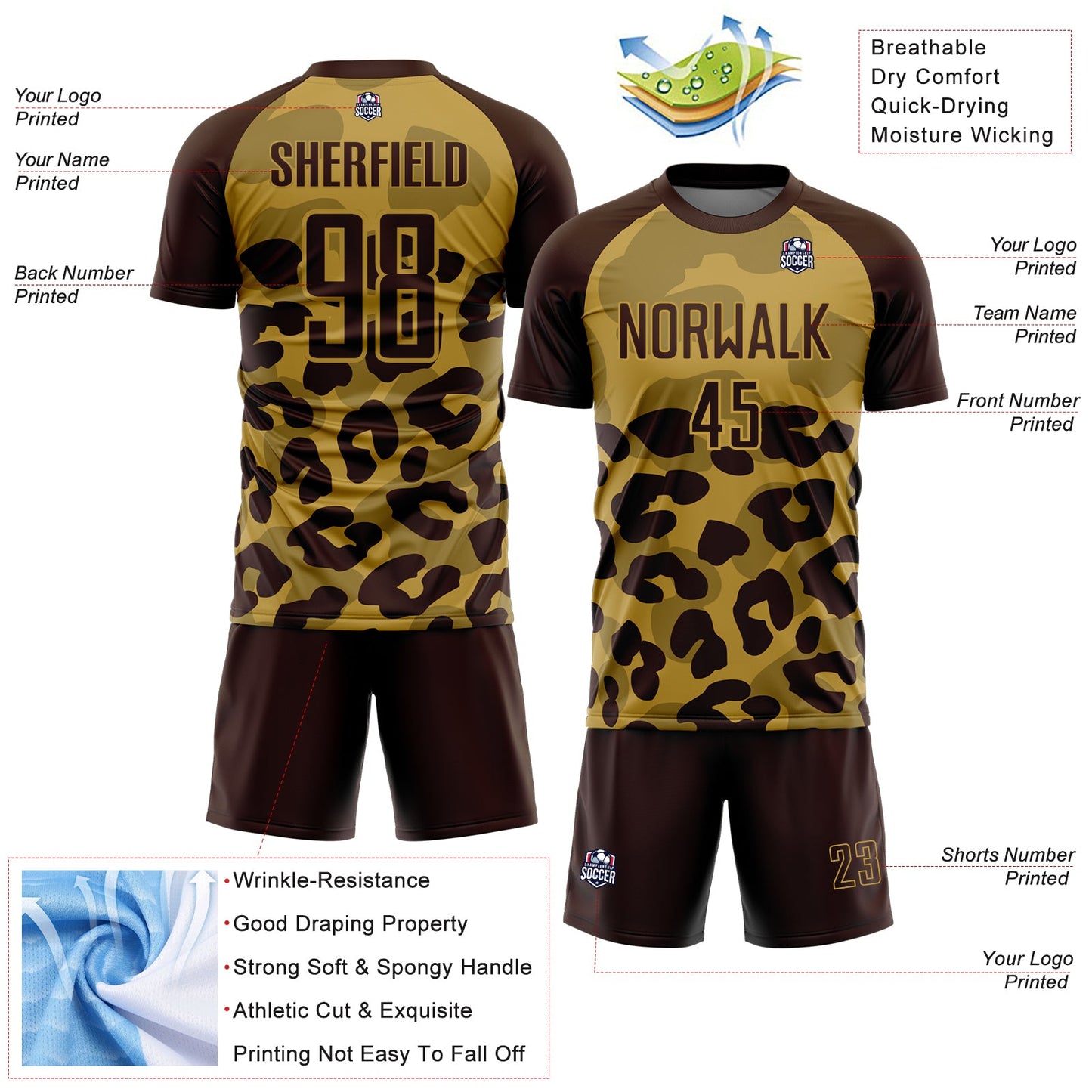 Custom Brown Old Gold Animal Leopard Print Sports Sublimation Soccer Uniform Jersey view 4
