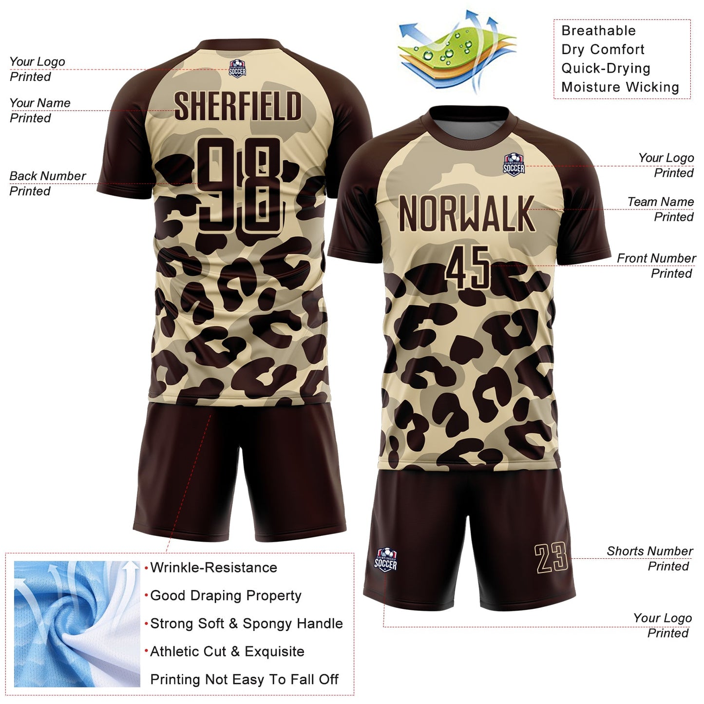 Custom Brown Cream Animal Leopard Print Sports Sublimation Soccer Uniform Jersey view 4