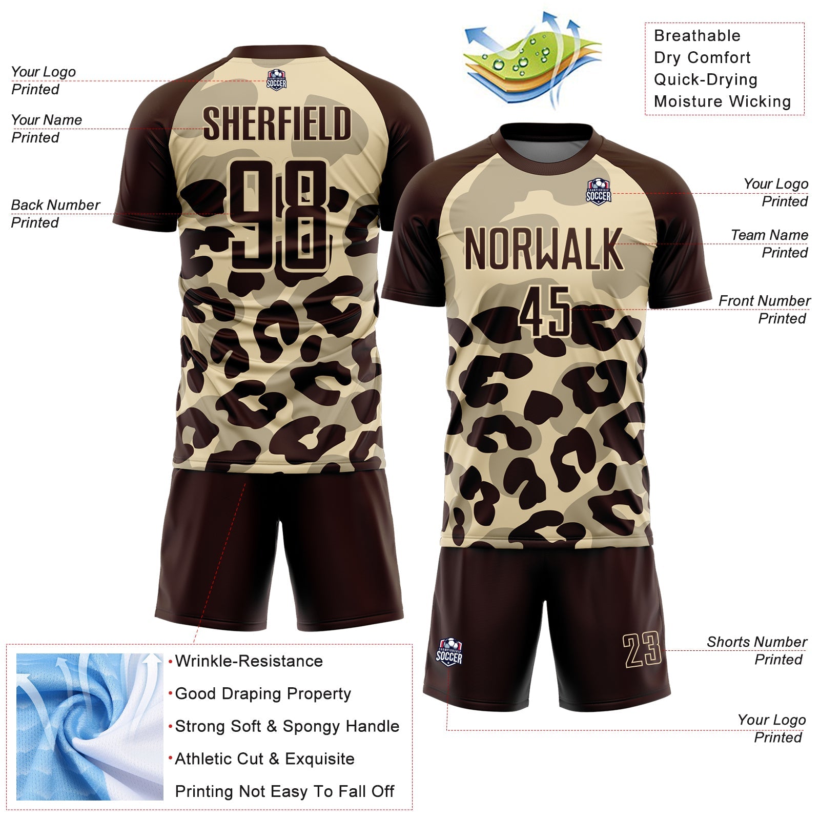 Custom Brown Cream Animal Leopard Print Sports Sublimation Soccer Uniform Jersey view 4