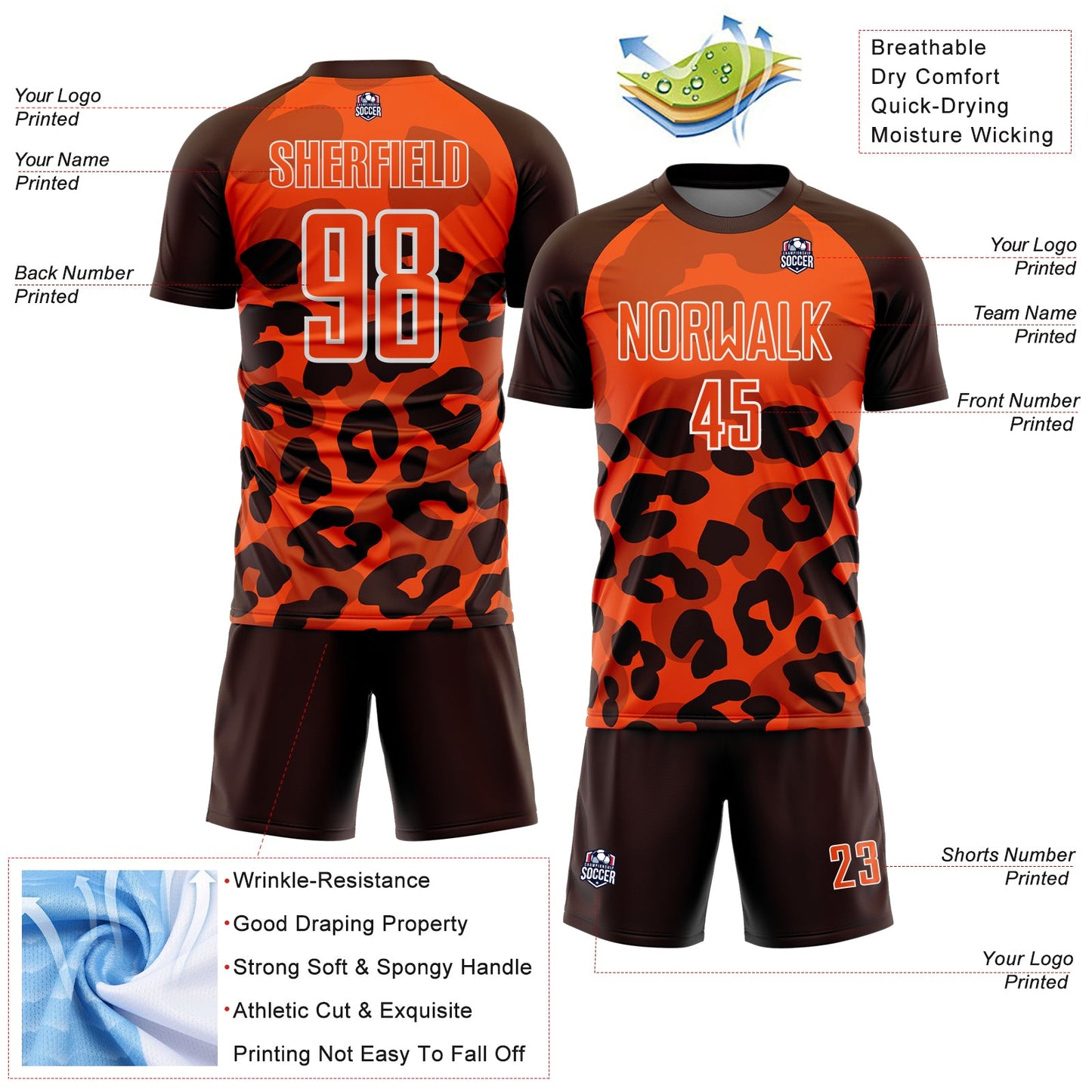 Custom Brown Orange-White Animal Leopard Print Sports Sublimation Soccer Uniform Jersey view 4