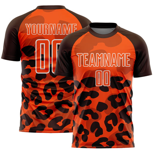 Custom Brown Orange-White Animal Leopard Print Sports Sublimation Soccer Uniform Jersey - Main View