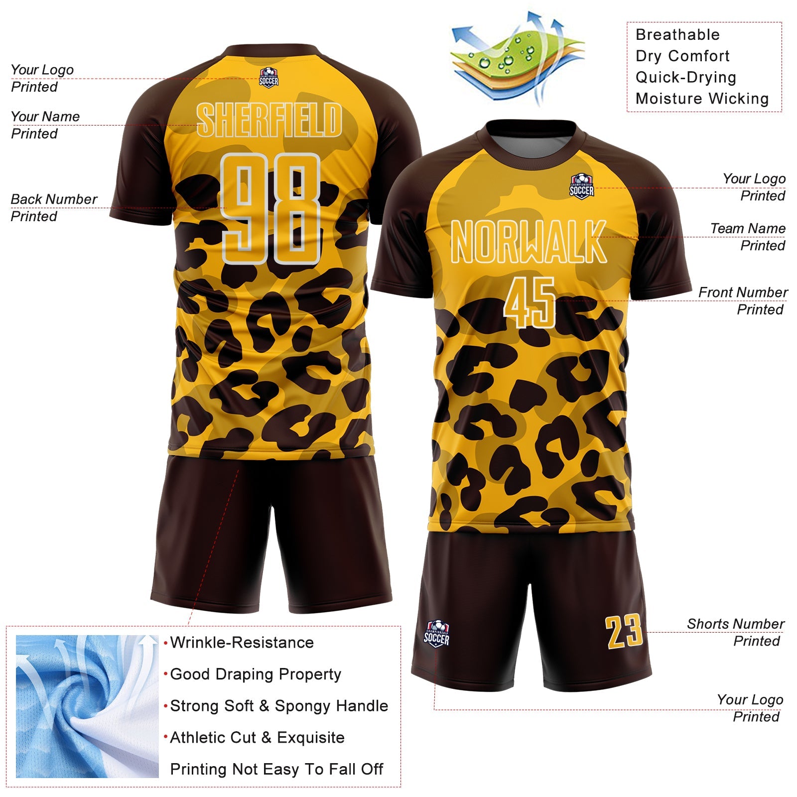 Custom Brown Gold-White Animal Leopard Print Sports Sublimation Soccer Uniform Jersey view 4