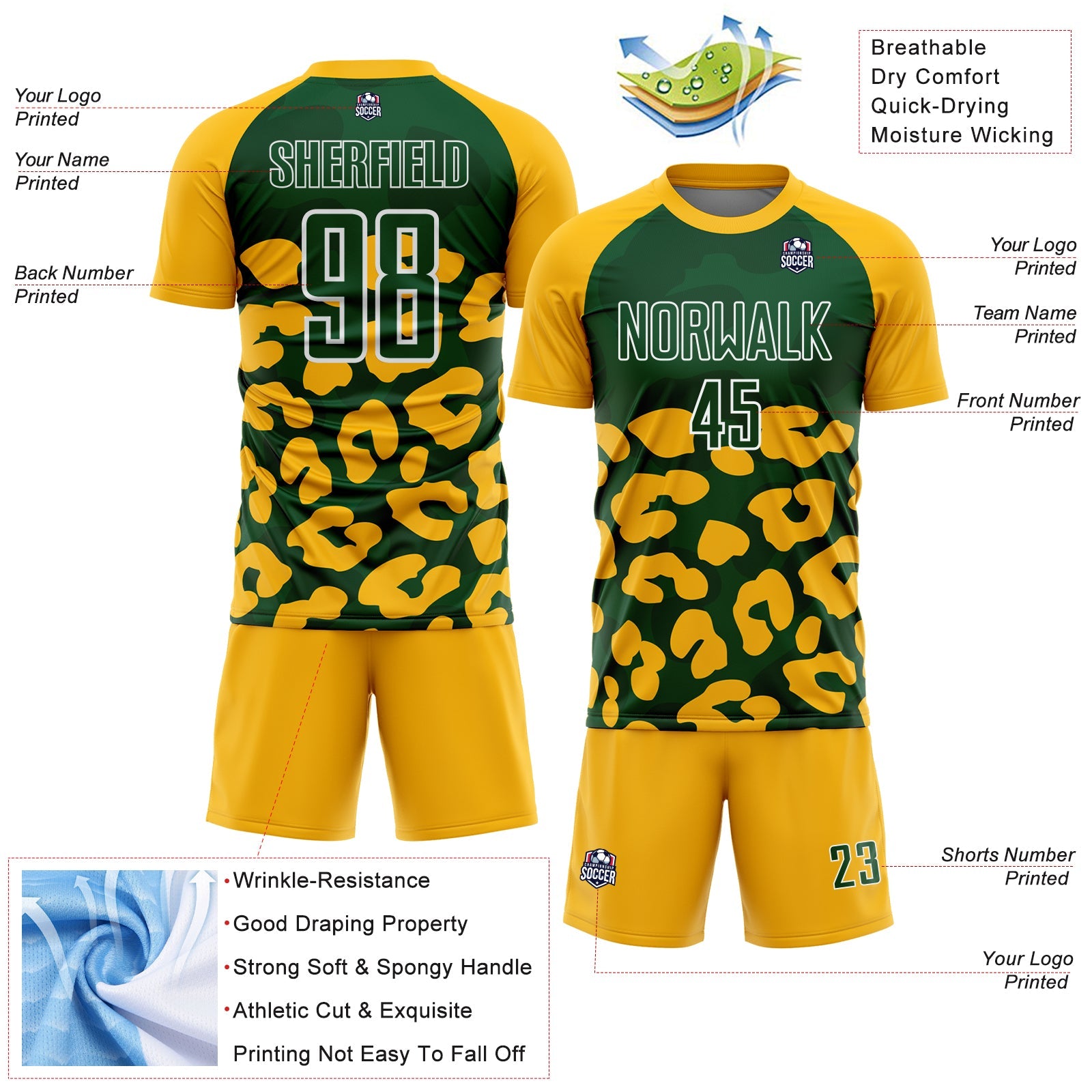 Custom Gold Green-White Animal Leopard Print Sports Sublimation Soccer Uniform Jersey view 4
