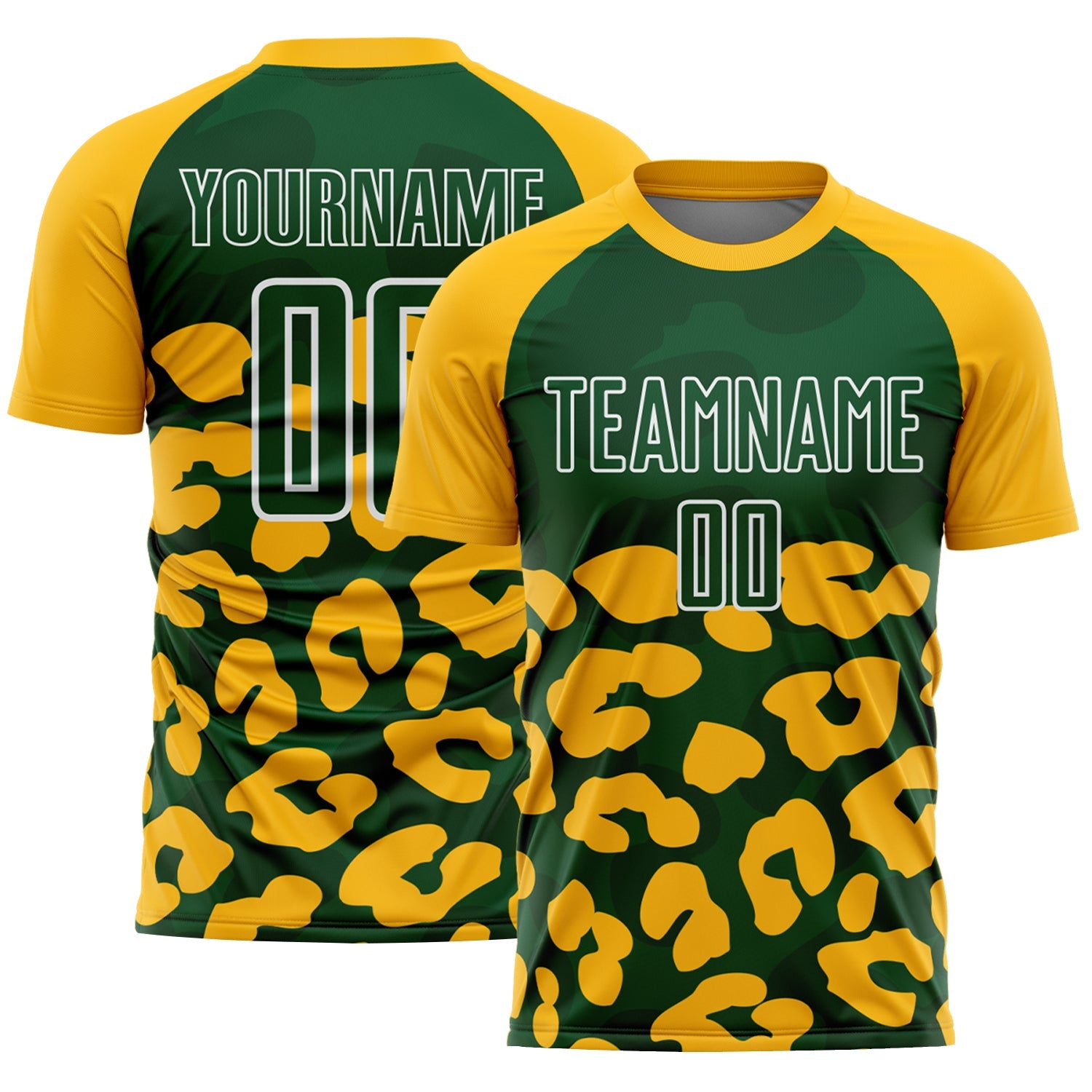 Custom Gold Green-White Animal Leopard Print Sports Sublimation Soccer Uniform Jersey - Main View