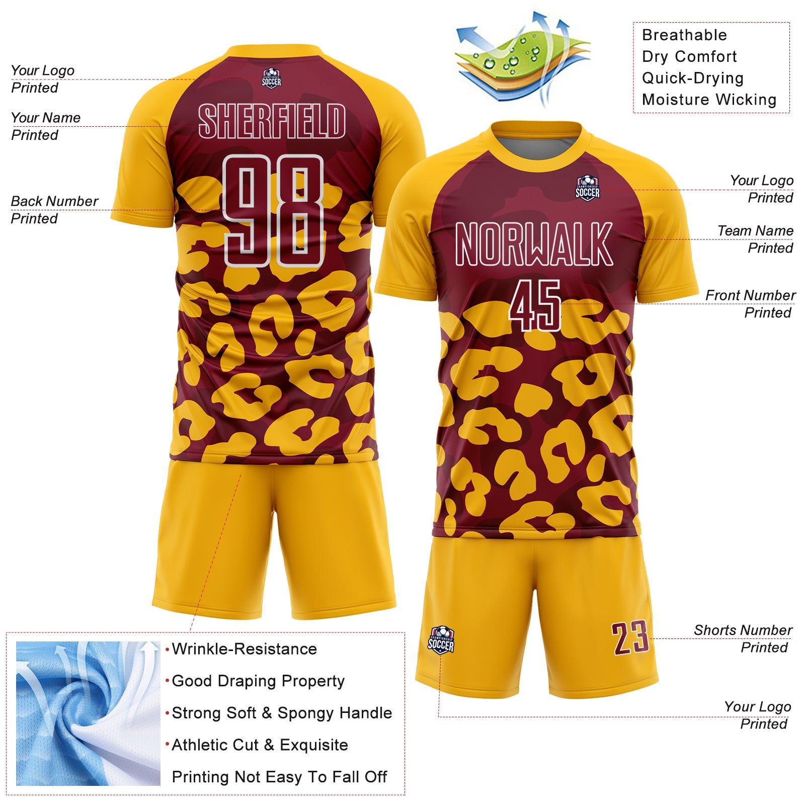 Custom Gold Crimson-White Animal Leopard Print Sports Sublimation Soccer Uniform Jersey view 4