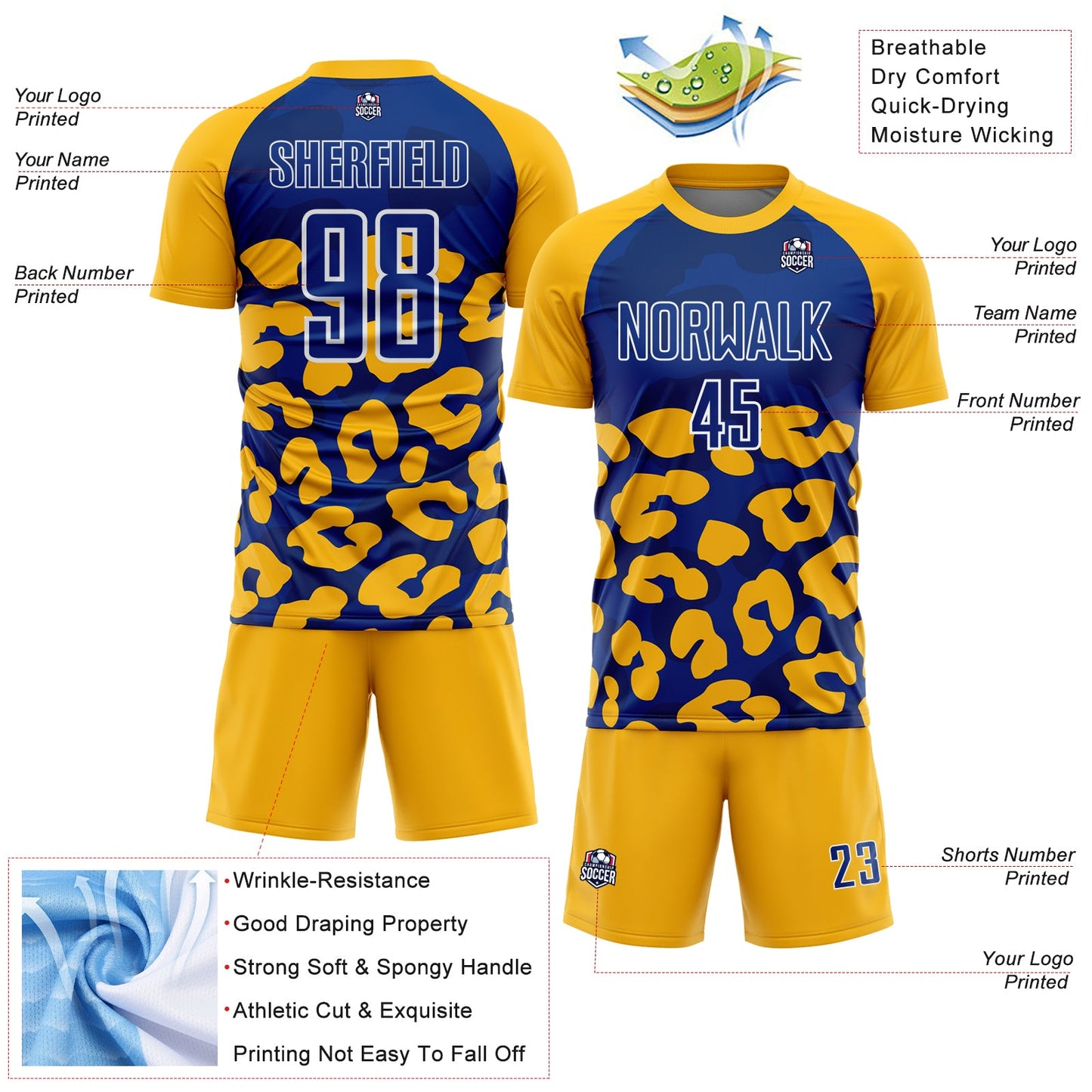 Custom Gold Royal-White Animal Leopard Print Sports Sublimation Soccer Uniform Jersey view 4
