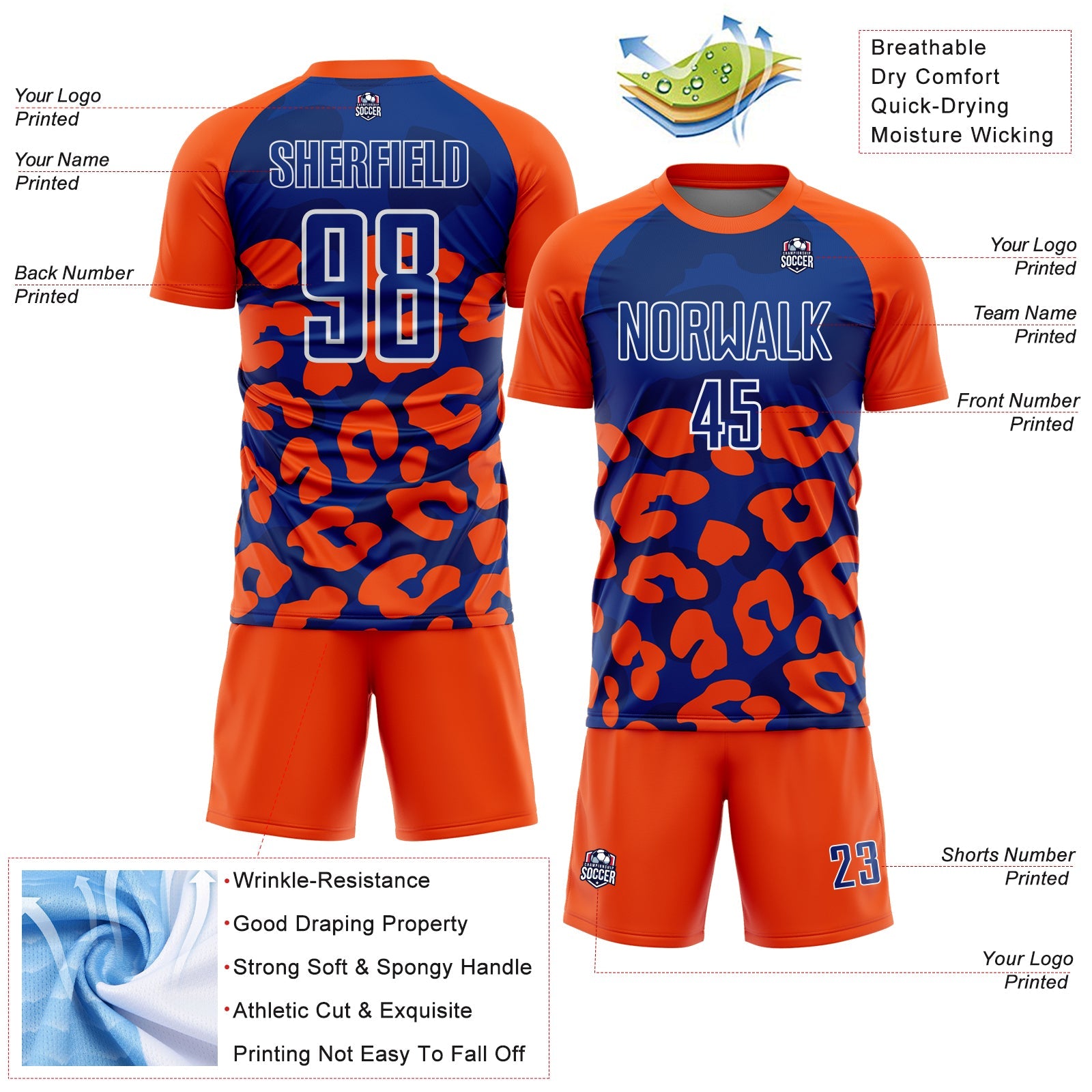 Custom Orange Royal-White Animal Leopard Print Sports Sublimation Soccer Uniform Jersey view 4