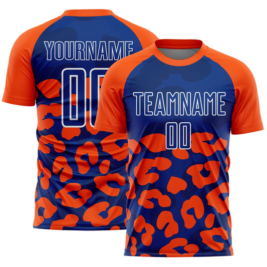 Custom Orange Royal-White Animal Leopard Print Sports Sublimation Soccer Uniform Jersey - Main View