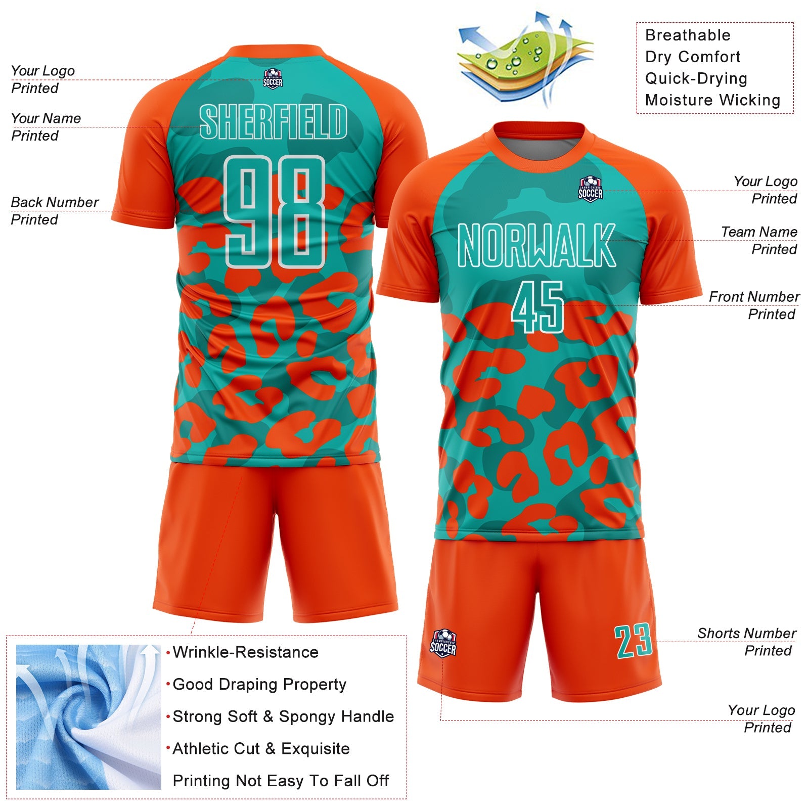 Custom Orange Aqua-White Animal Leopard Print Sports Sublimation Soccer Uniform Jersey view 4