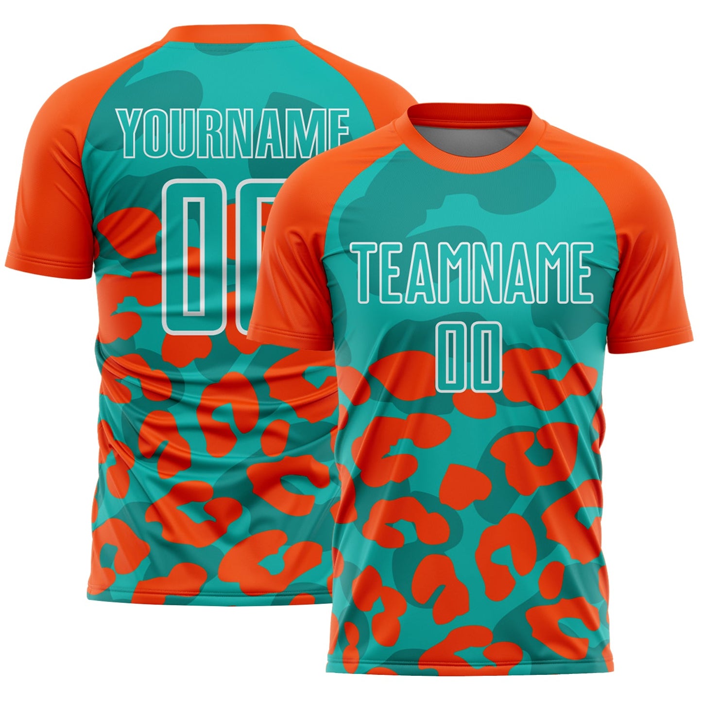 Custom Orange Aqua-White Animal Leopard Print Sports Sublimation Soccer Uniform Jersey - Main View