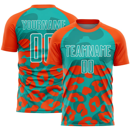 Custom Orange Aqua-White Animal Leopard Print Sports Sublimation Soccer Uniform Jersey - Main View