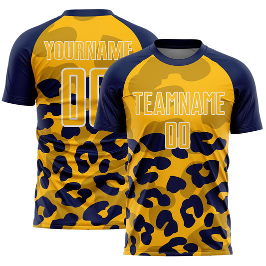 Custom Navy Gold-White Animal Leopard Print Sports Sublimation Soccer Uniform Jersey - Main View