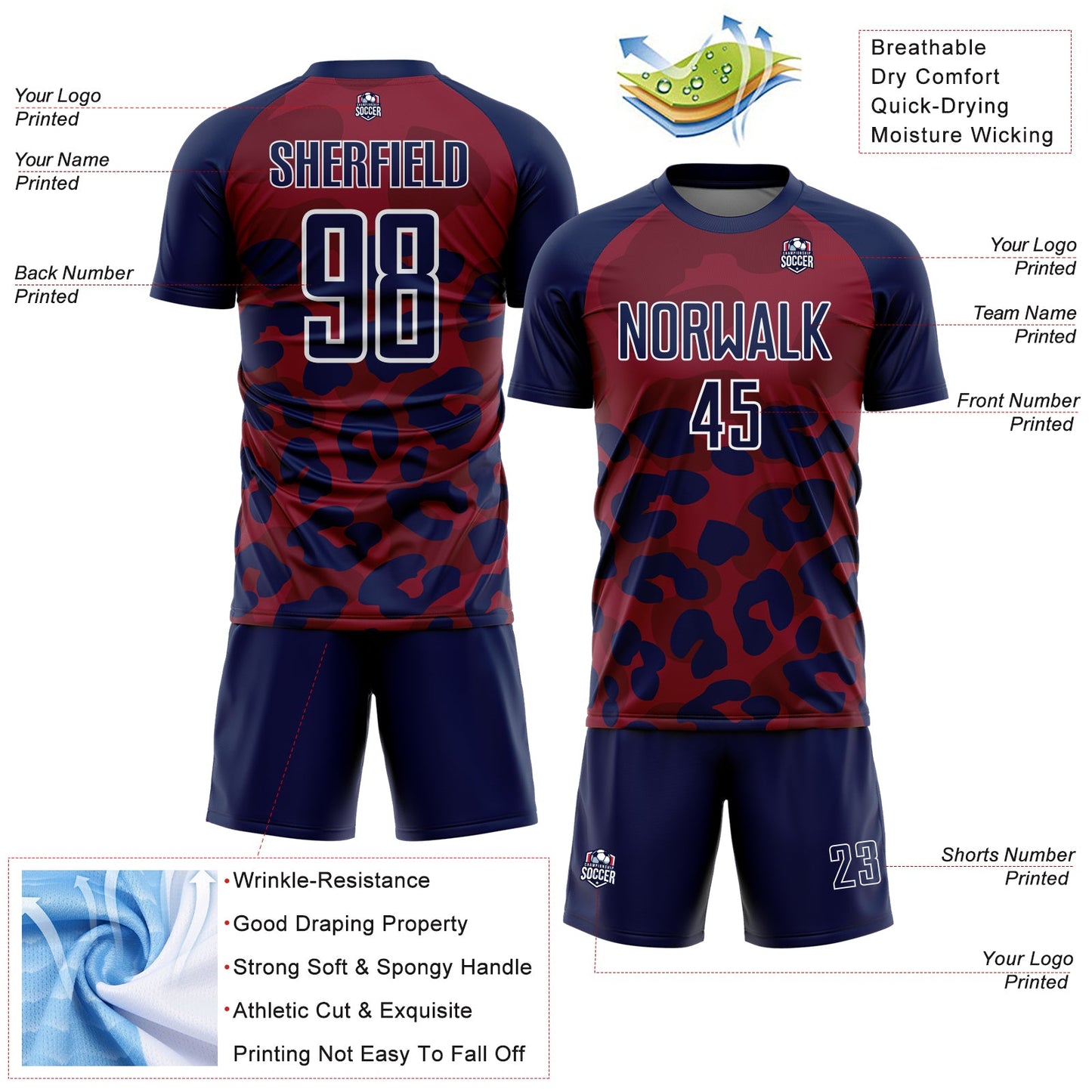 Custom Navy Crimson-White Animal Leopard Print Sports Sublimation Soccer Uniform Jersey view 4