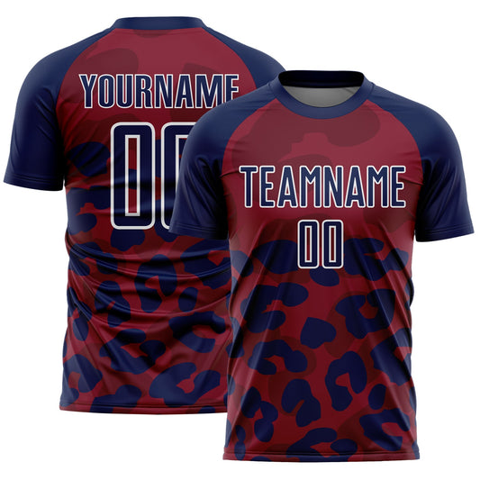 Custom Navy Crimson-White Animal Leopard Print Sports Sublimation Soccer Uniform Jersey - Main View