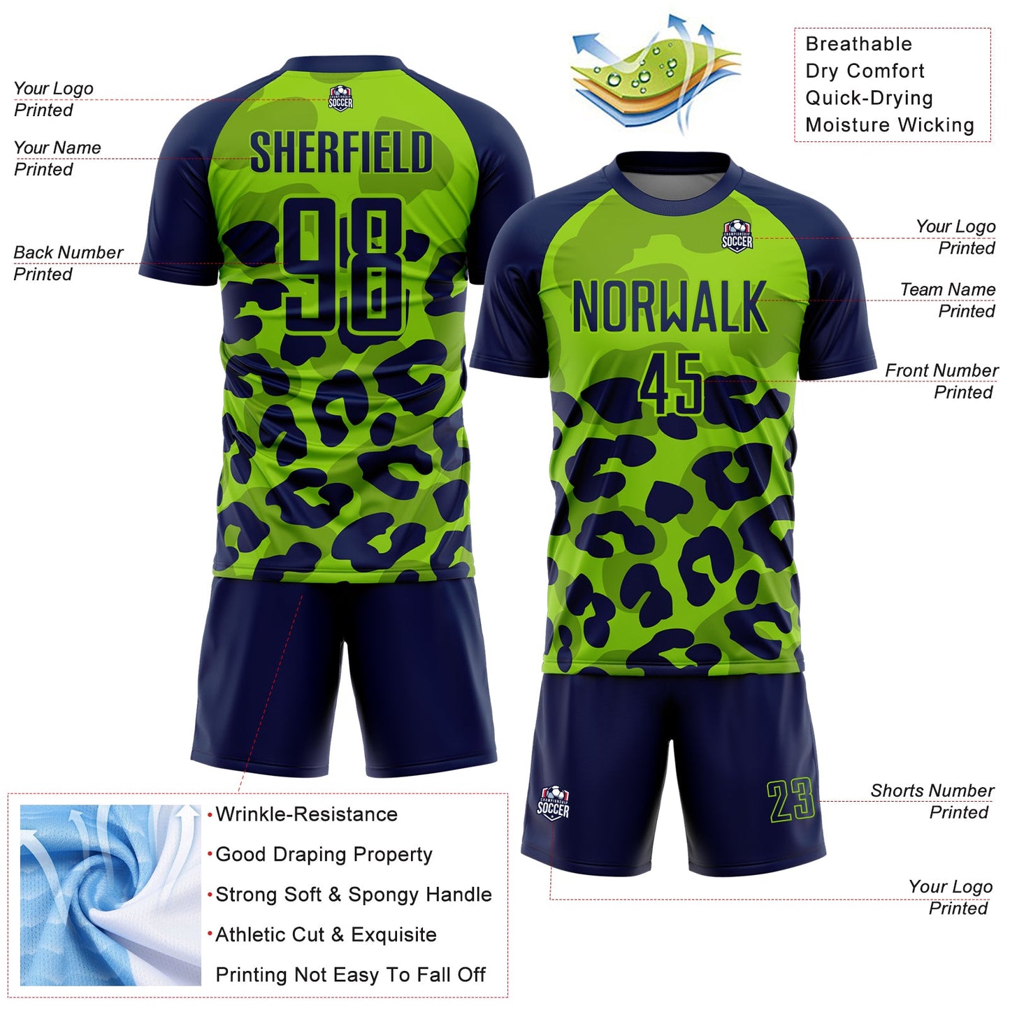 Custom Navy Neon Green Animal Leopard Print Sports Sublimation Soccer Uniform Jersey view 4