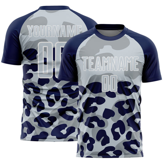 Custom Navy Silver-White Animal Leopard Print Sports Sublimation Soccer Uniform Jersey - Main View