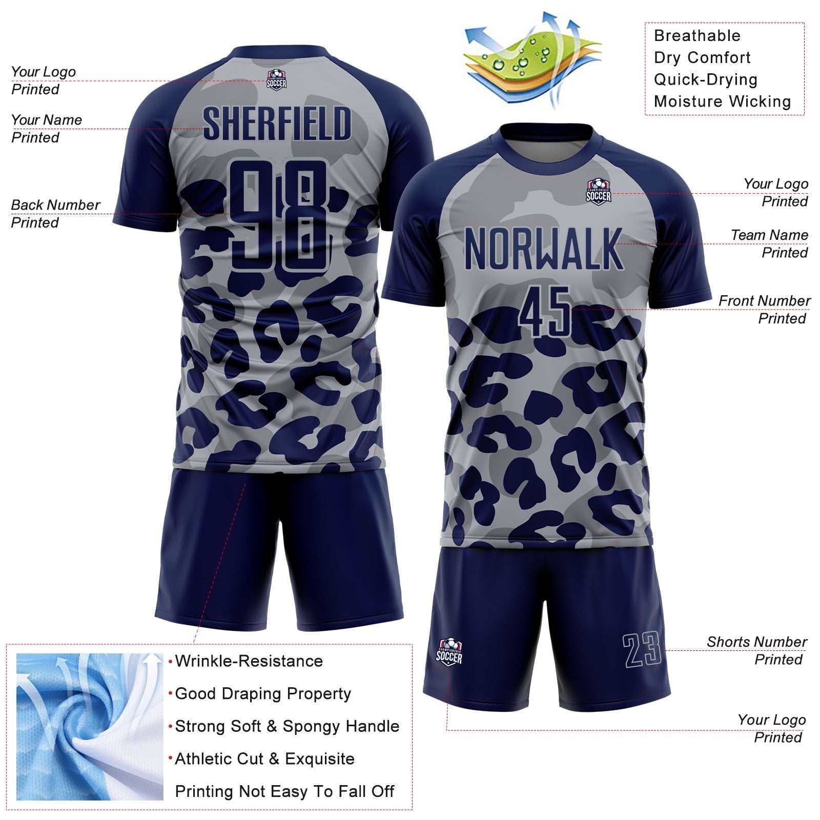 Custom Navy Gray Animal Leopard Print Sports Sublimation Soccer Uniform Jersey view 4