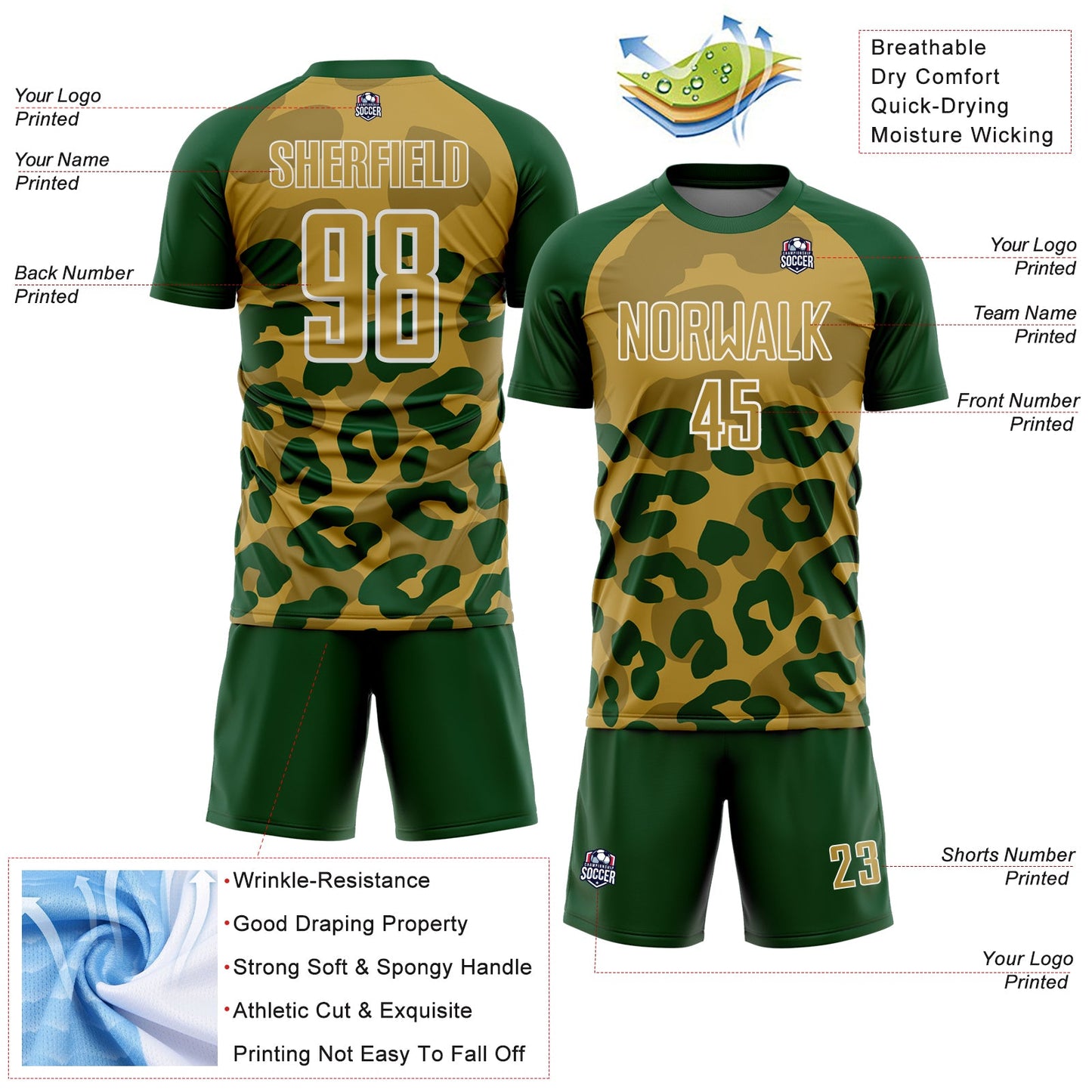 Custom Green Old Gold-White Animal Leopard Print Sports Sublimation Soccer Uniform Jersey view 4