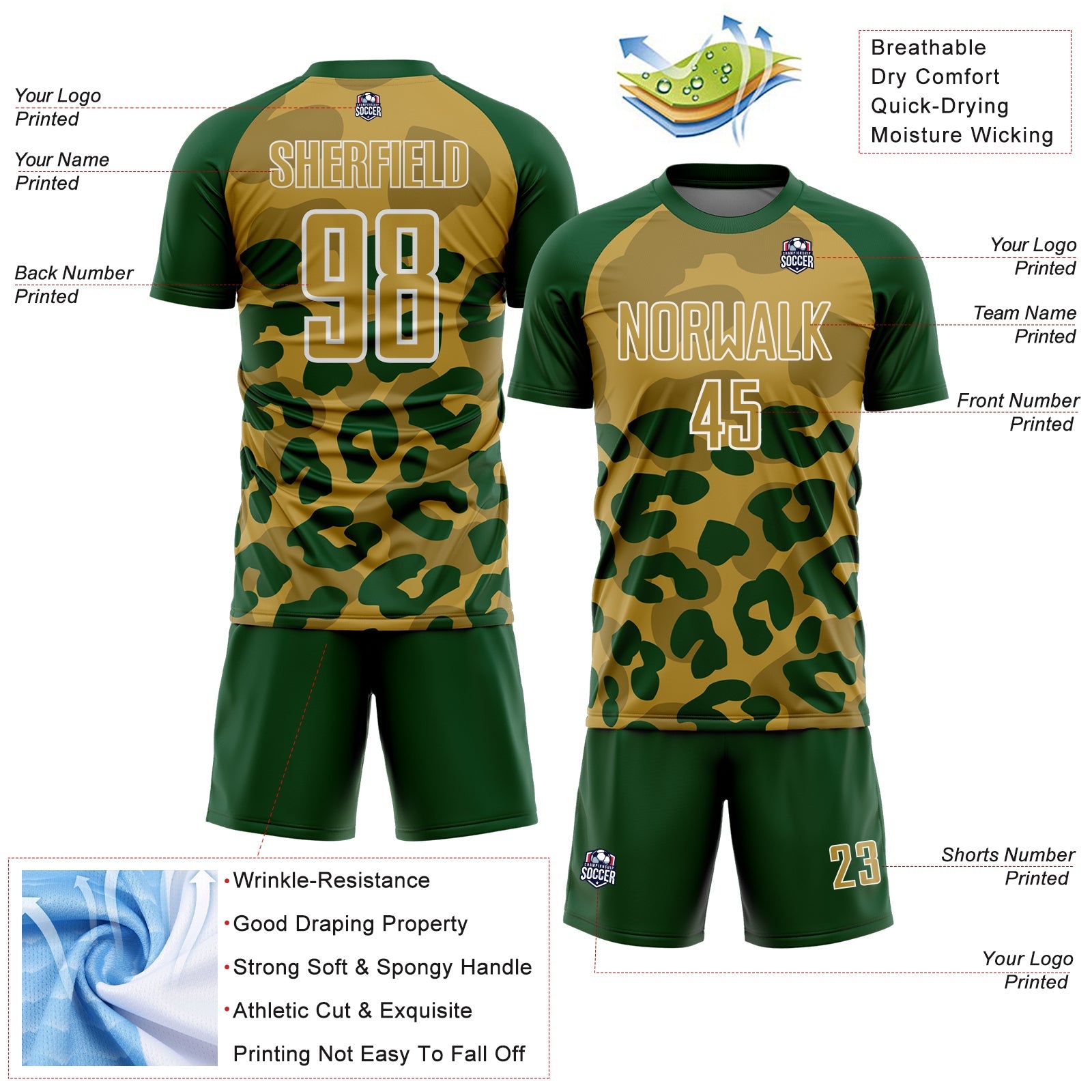 Custom Green Old Gold-White Animal Leopard Print Sports Sublimation Soccer Uniform Jersey view 4