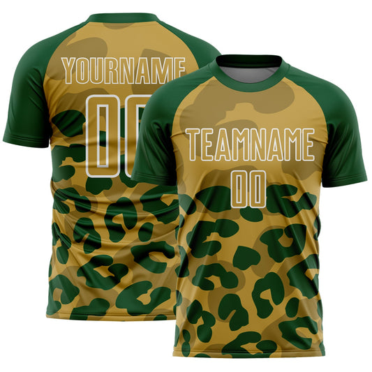 Custom Green Old Gold-White Animal Leopard Print Sports Sublimation Soccer Uniform Jersey - Main View