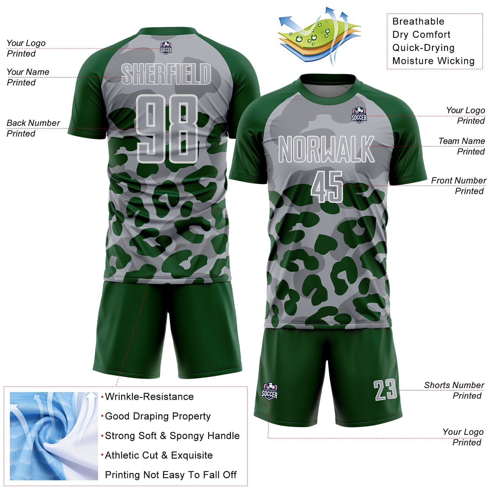 Custom Green Gray-White Animal Leopard Print Sports Sublimation Soccer Uniform Jersey view 4