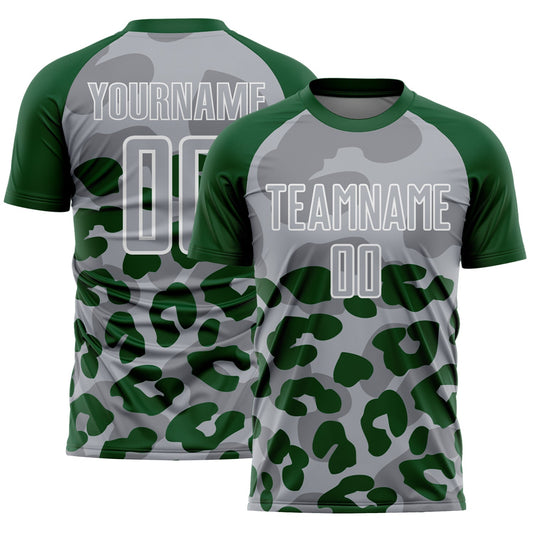Custom Green Gray-White Animal Leopard Print Sports Sublimation Soccer Uniform Jersey - Main View