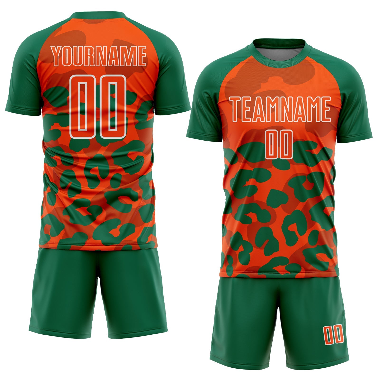 Custom Kelly Green Orange-White Animal Leopard Print Sports Sublimation Soccer Uniform Jersey view 2
