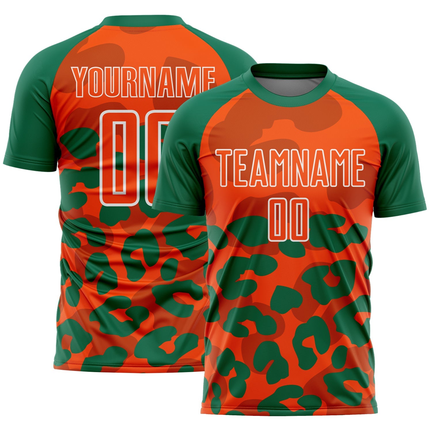Custom Kelly Green Orange-White Animal Leopard Print Sports Sublimation Soccer Uniform Jersey - Main View