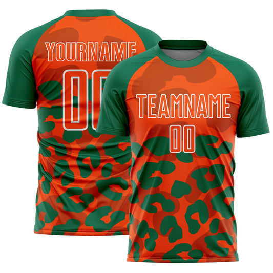 Custom Kelly Green Orange-White Animal Leopard Print Sports Sublimation Soccer Uniform Jersey - Main View