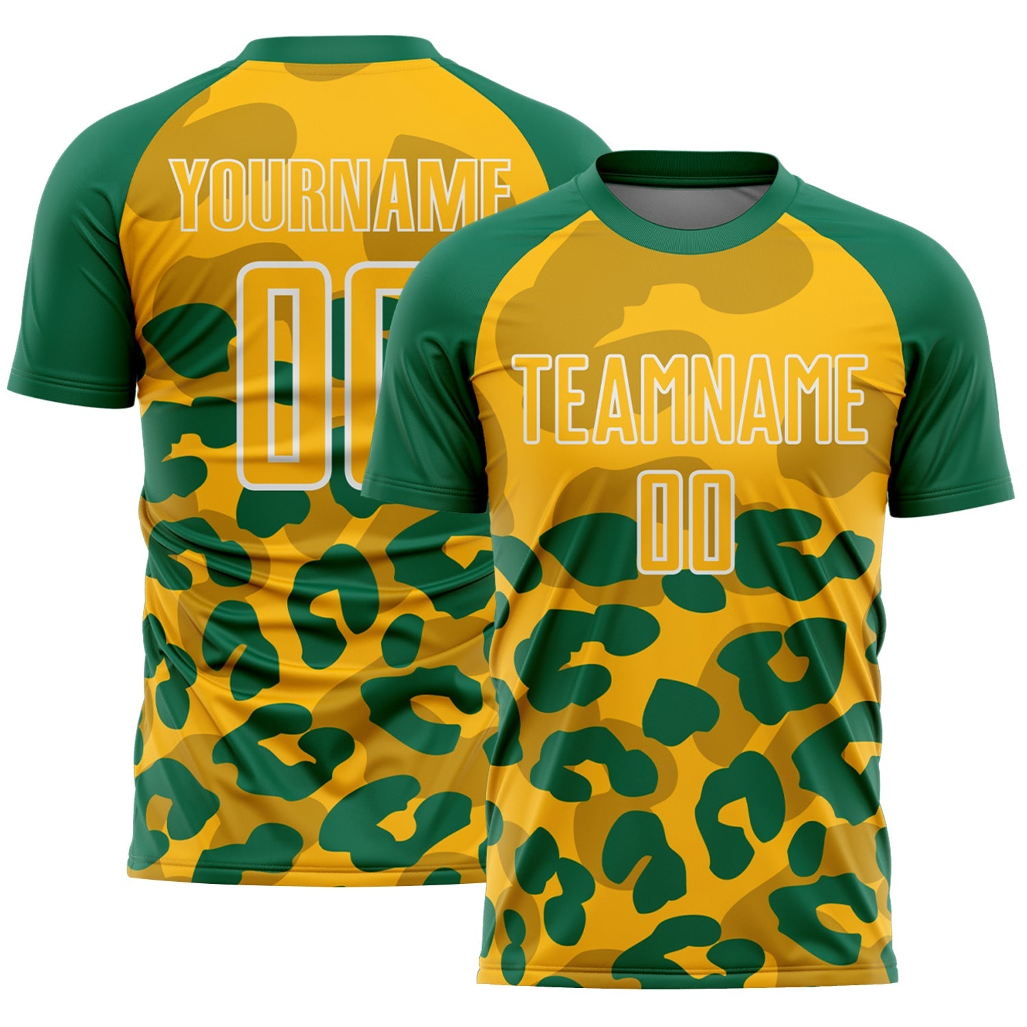 Custom Kelly Green Gold-White Animal Leopard Print Sports Sublimation Soccer Uniform Jersey - Main View