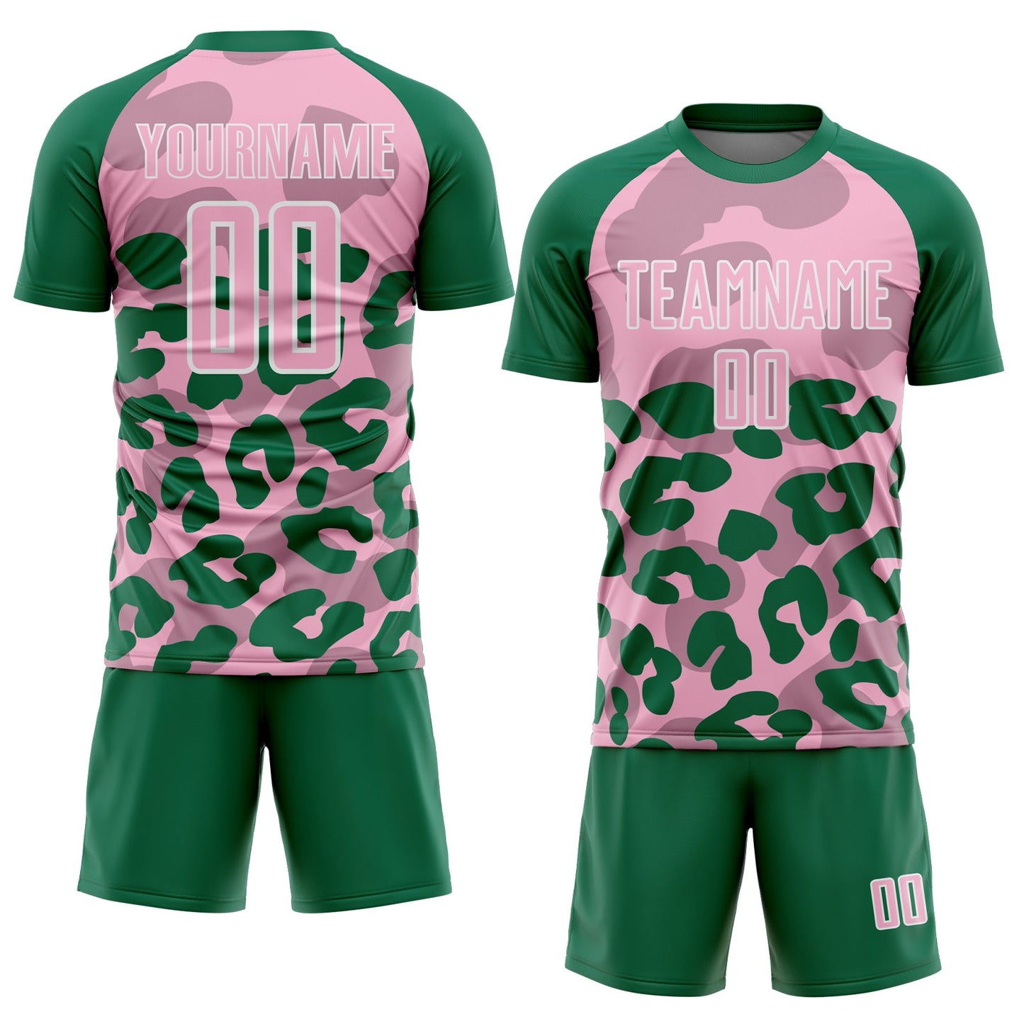 Custom Kelly Green Light Pink-White Animal Leopard Print Sports Sublimation Soccer Uniform Jersey view 2