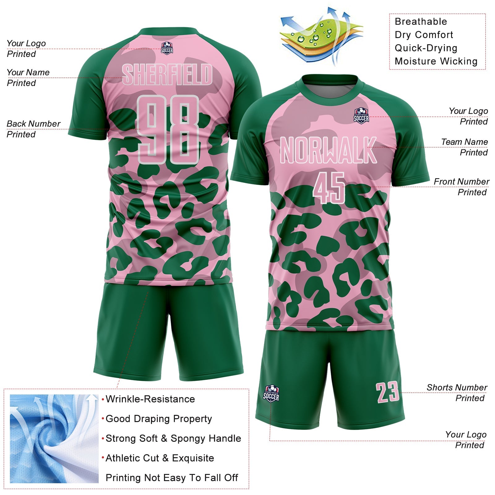 Custom Kelly Green Light Pink-White Animal Leopard Print Sports Sublimation Soccer Uniform Jersey view 4