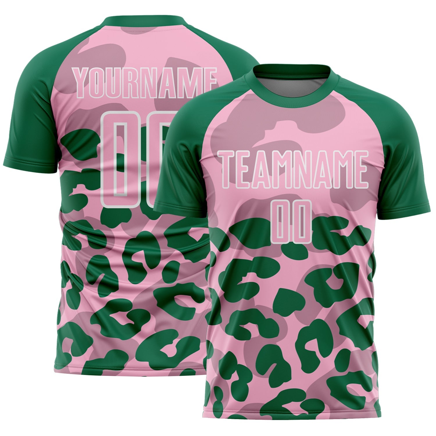 Custom Kelly Green Light Pink-White Animal Leopard Print Sports Sublimation Soccer Uniform Jersey - Main View