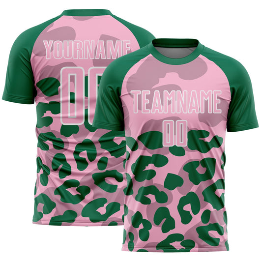 Custom Kelly Green Light Pink-White Animal Leopard Print Sports Sublimation Soccer Uniform Jersey - Main View