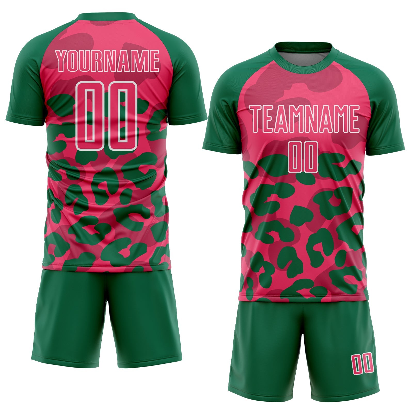 Custom Kelly Green Neon Pink-White Animal Leopard Print Sports Sublimation Soccer Uniform Jersey view 2