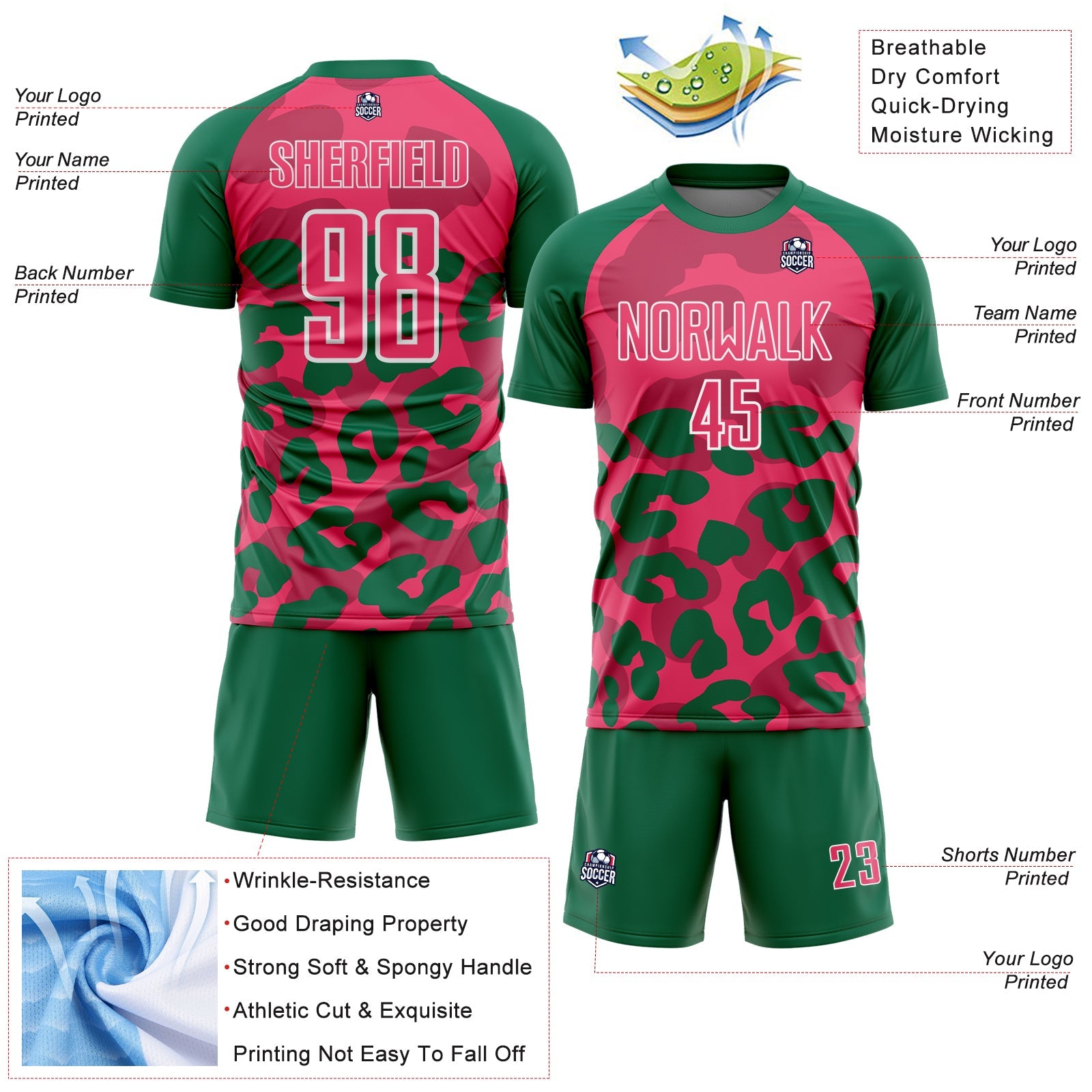 Custom Kelly Green Neon Pink-White Animal Leopard Print Sports Sublimation Soccer Uniform Jersey view 4