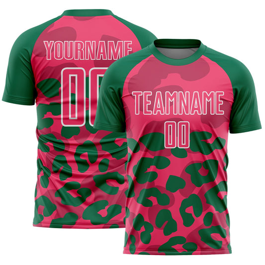 Custom Kelly Green Neon Pink-White Animal Leopard Print Sports Sublimation Soccer Uniform Jersey - Main View