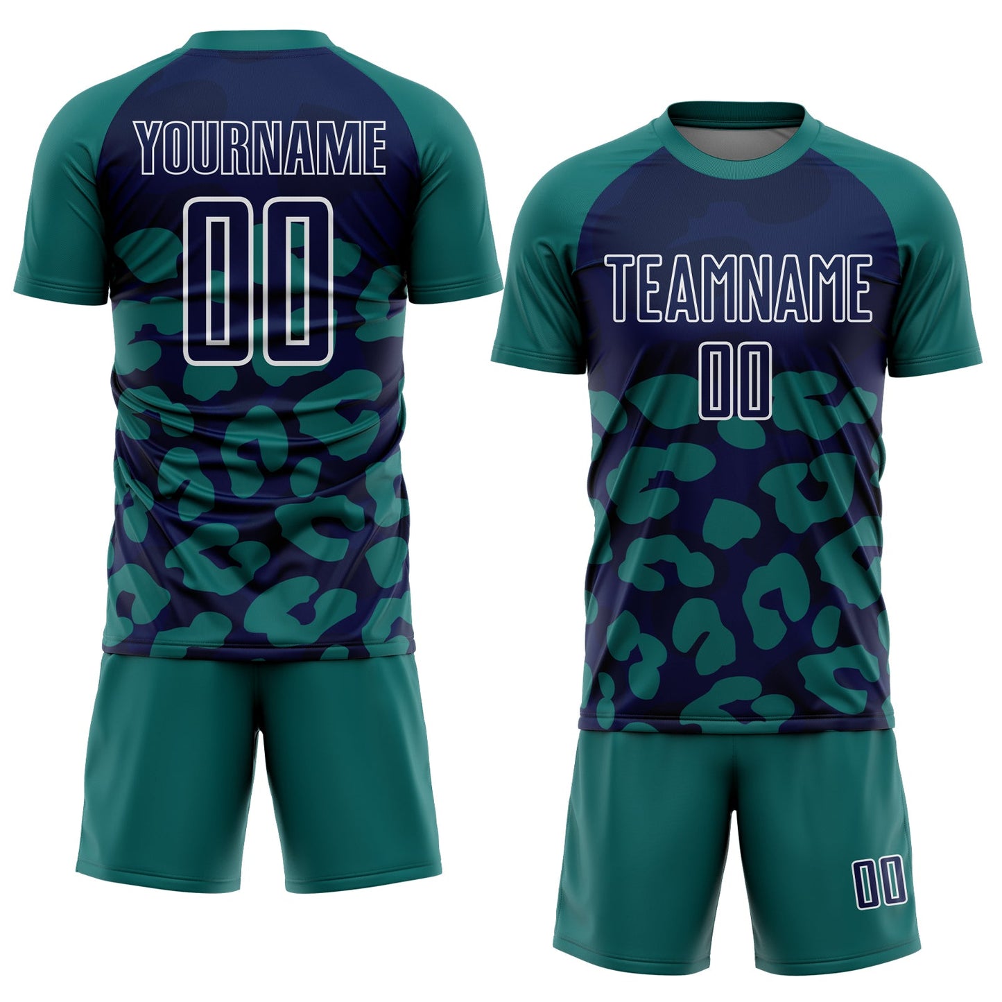 Custom Teal Navy-White Animal Leopard Print Sports Sublimation Soccer Uniform Jersey view 2