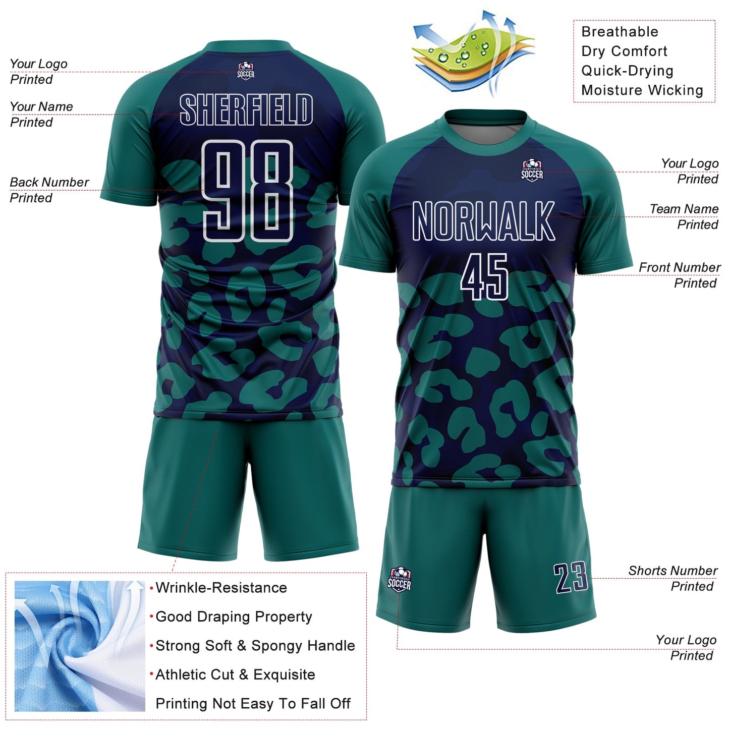 Custom Teal Navy-White Animal Leopard Print Sports Sublimation Soccer Uniform Jersey view 4