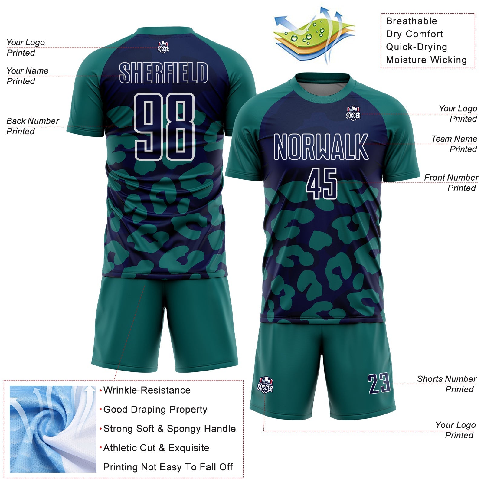 Custom Teal Navy-White Animal Leopard Print Sports Sublimation Soccer Uniform Jersey view 4