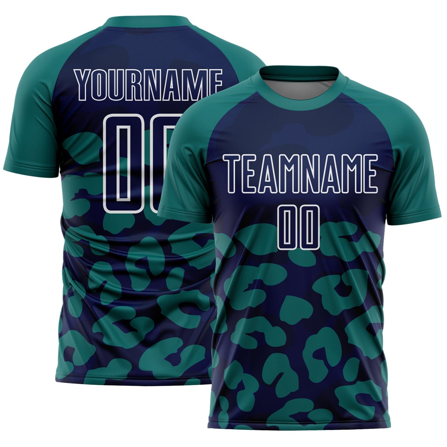 Custom Teal Navy-White Animal Leopard Print Sports Sublimation Soccer Uniform Jersey - Main View