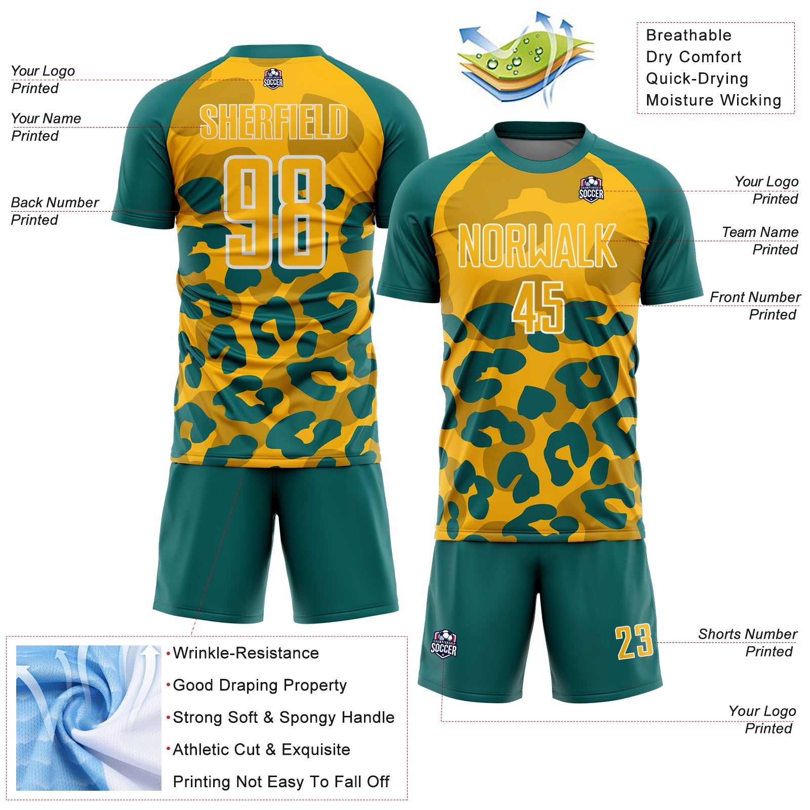 Custom Teal Gold-White Animal Leopard Print Sports Sublimation Soccer Uniform Jersey view 4