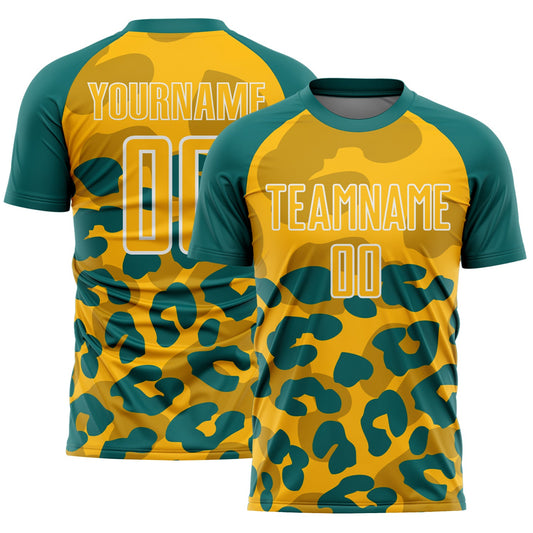 Custom Teal Gold-White Animal Leopard Print Sports Sublimation Soccer Uniform Jersey - Main View