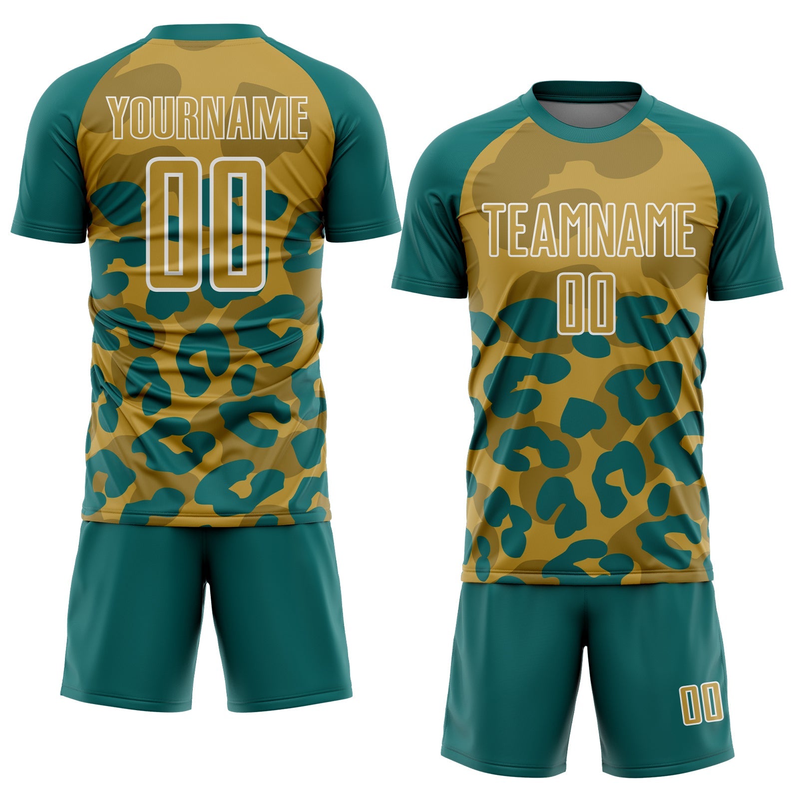 Custom Teal Old Gold-White Animal Leopard Print Sports Sublimation Soccer Uniform Jersey view 2