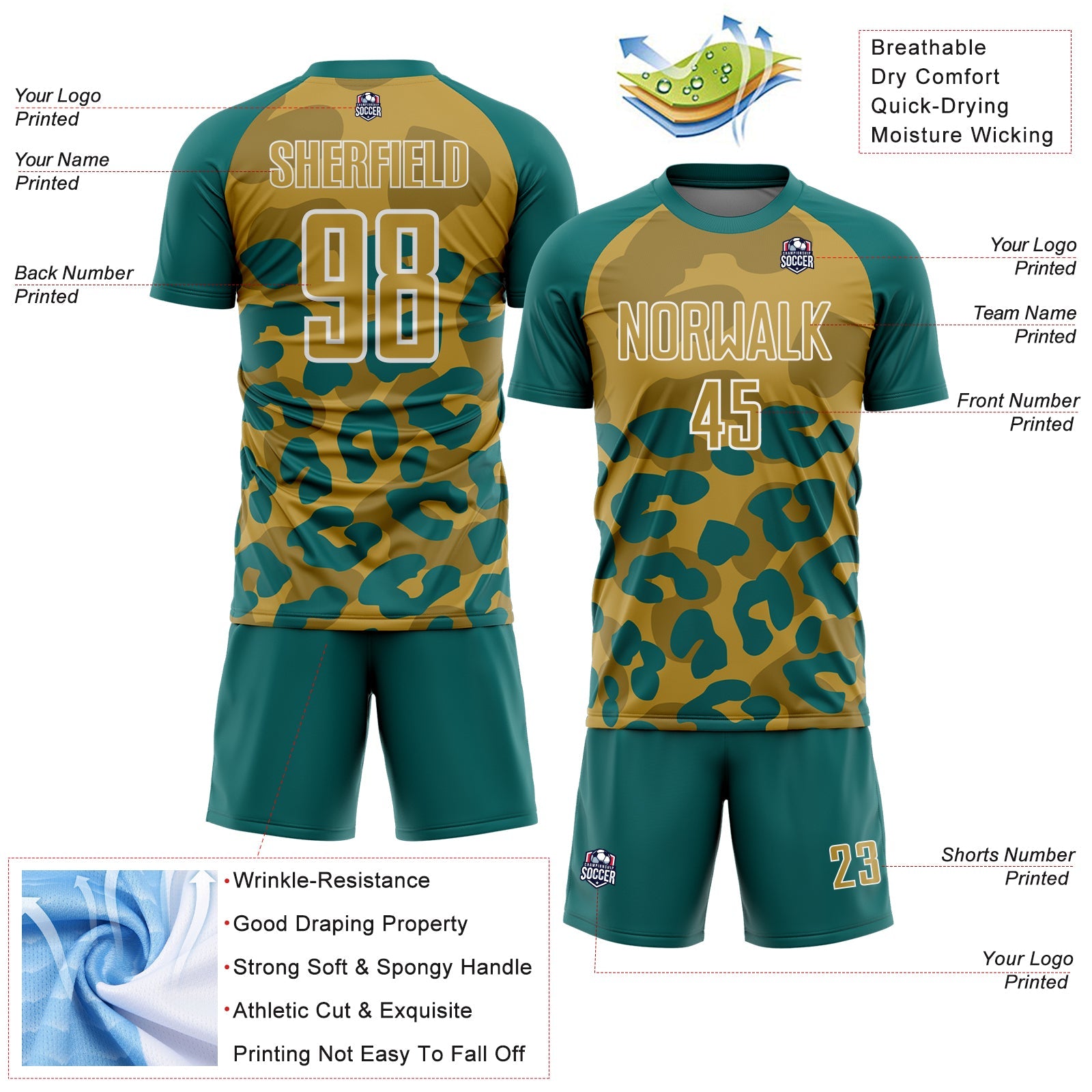 Custom Teal Old Gold-White Animal Leopard Print Sports Sublimation Soccer Uniform Jersey view 4
