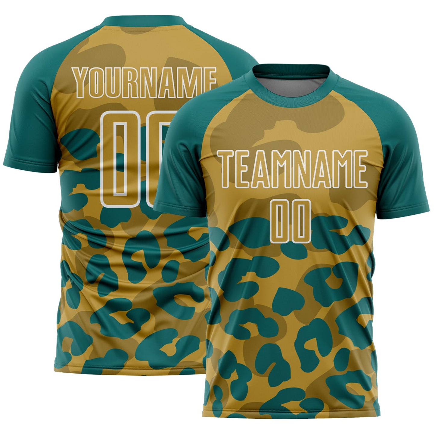 Custom Teal Old Gold-White Animal Leopard Print Sports Sublimation Soccer Uniform Jersey - Main View