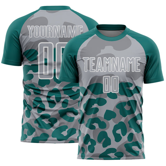 Custom Teal Gray-White Animal Leopard Print Sports Sublimation Soccer Uniform Jersey - Main View