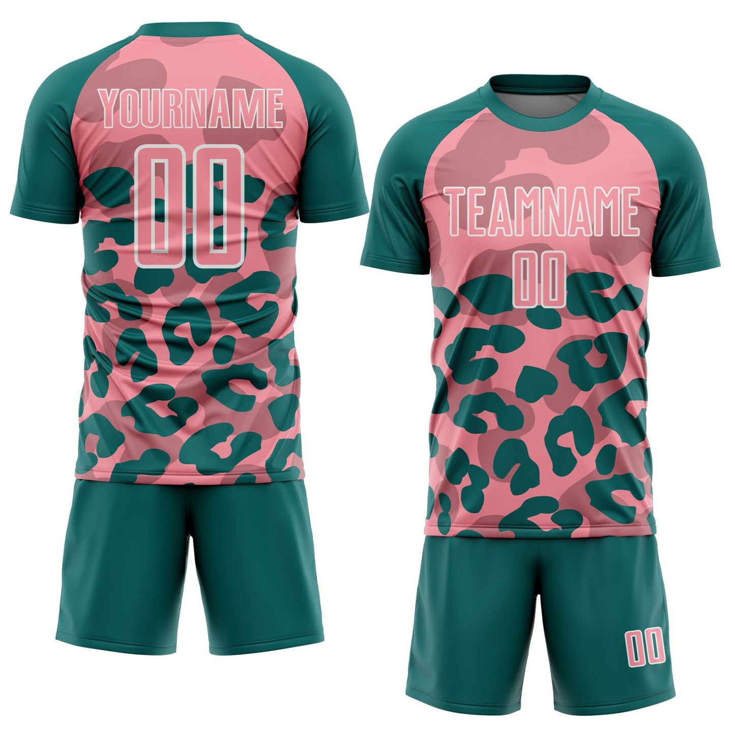 Custom Teal Medium Pink-White Animal Leopard Print Sports Sublimation Soccer Uniform Jersey view 2